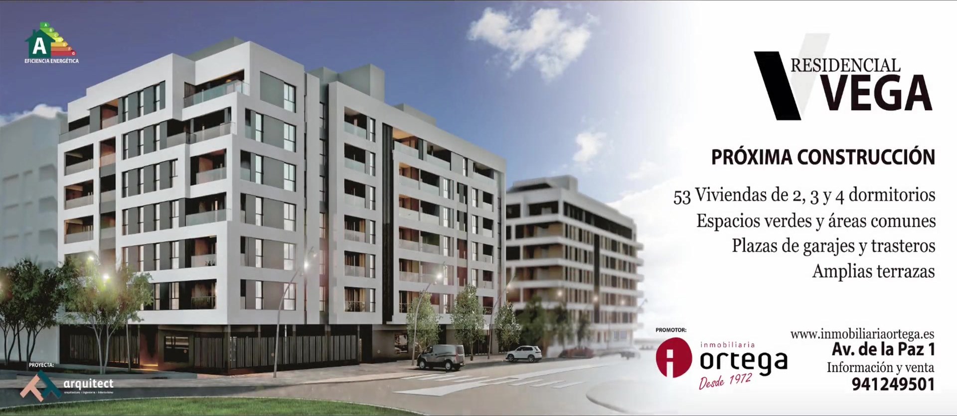 Cartel de obra de Residencial Vega: 53 viviendas de 2, 3 y 4 dormitorios con garaje, trastero y amplias terrazas en Logroño